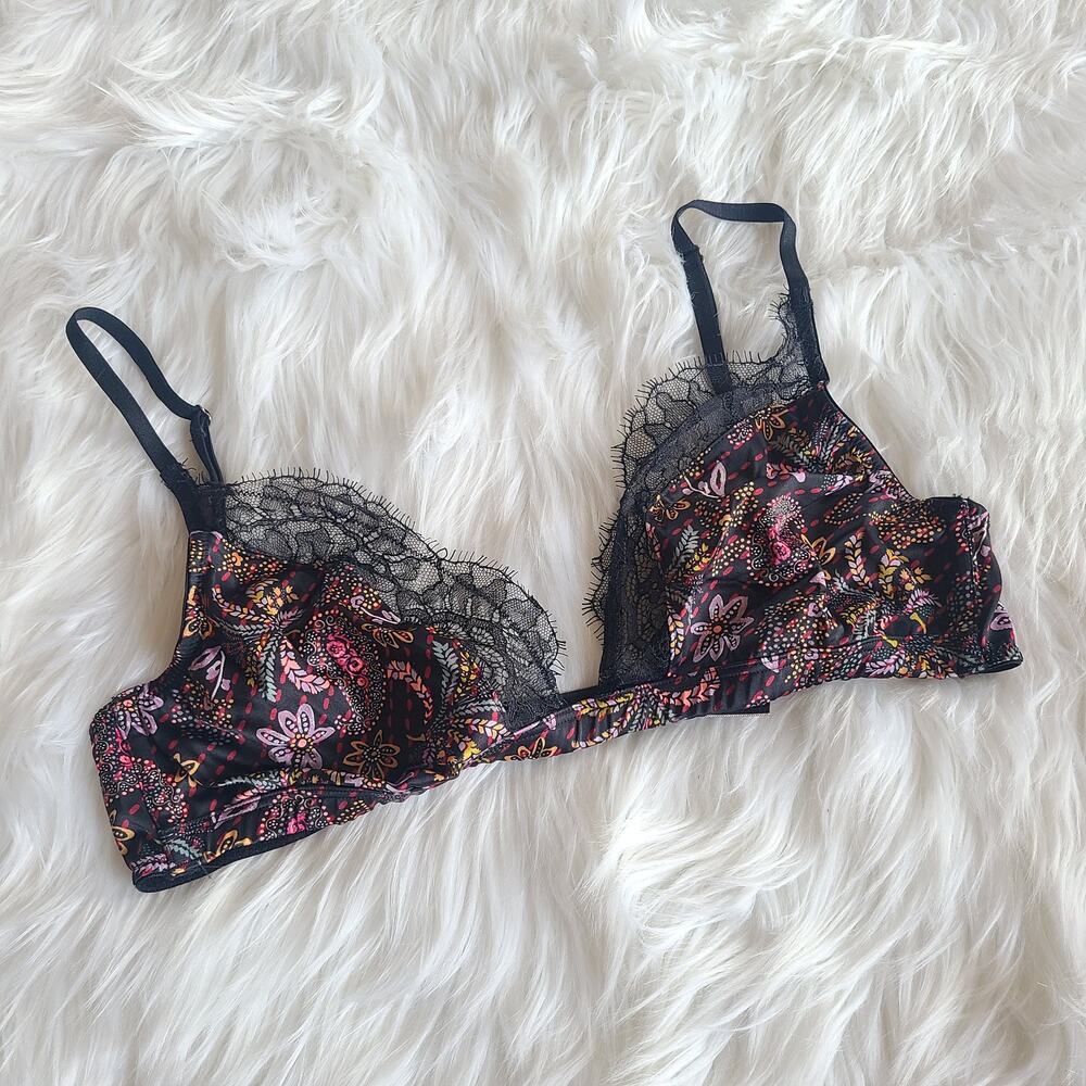 Victoria's Secret Satin Bralette Paisley Lace Black Bra M Pinup Lingerie Top
